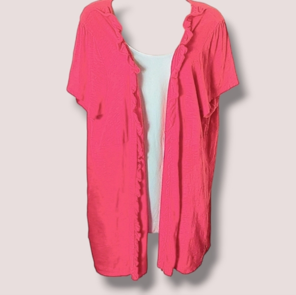 💕Avenue+ Beautiful Pink/Red-ish Lightweight Cotton Cardigan With Ruffled Detail - Picture 4 of 8